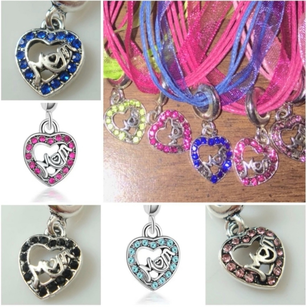 MOM Heart Pendant Ribbon Necklace Bright Neon Pink Red Blue Yellow Black - Picture 1 of 10